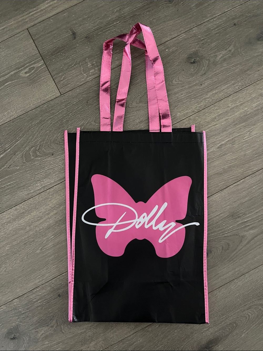 NWOT Dolly Parton Black and Pink Butterfly Tote Bag with Shiny Pink Handles